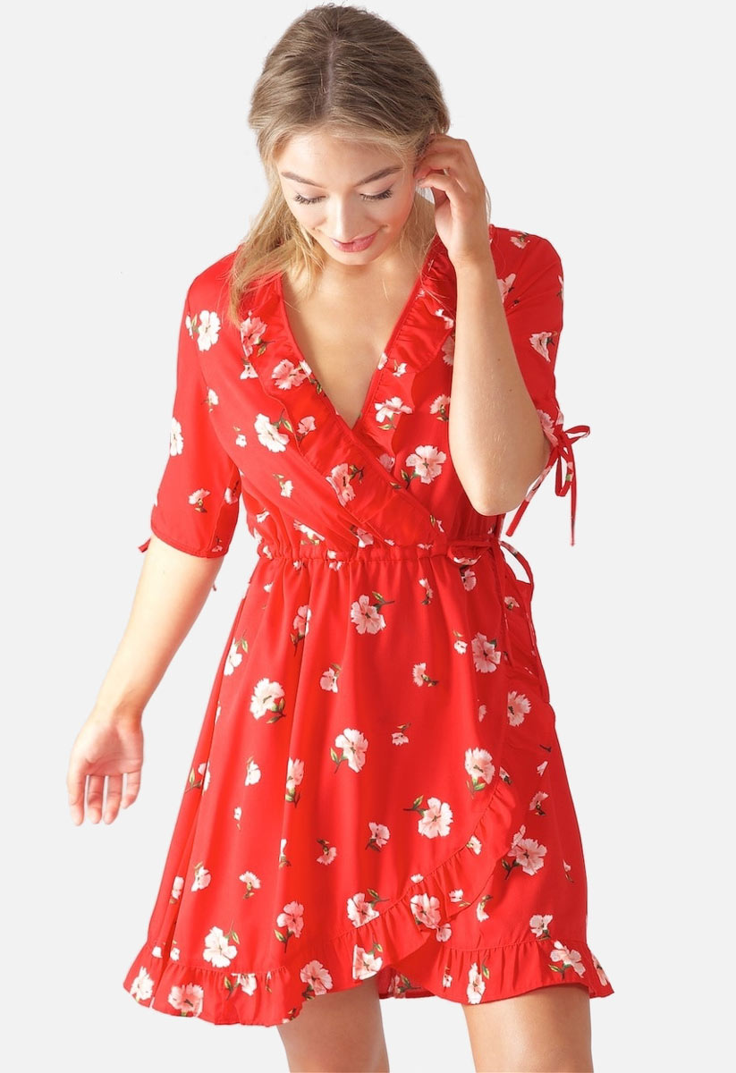 Red Floral Wrap Mini Frill Dress