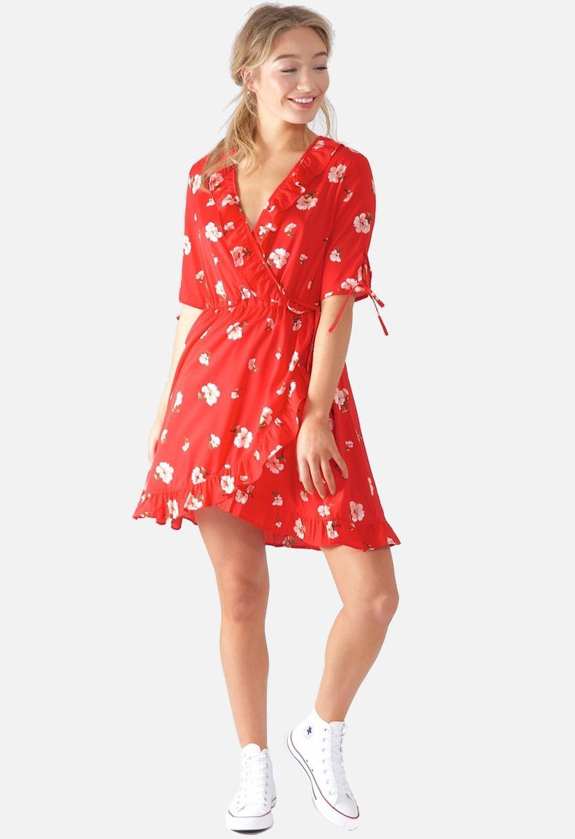 Red Floral Wrap Mini Frill Dress