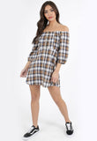 Brown Check Button Detail Bardot Mini Dress