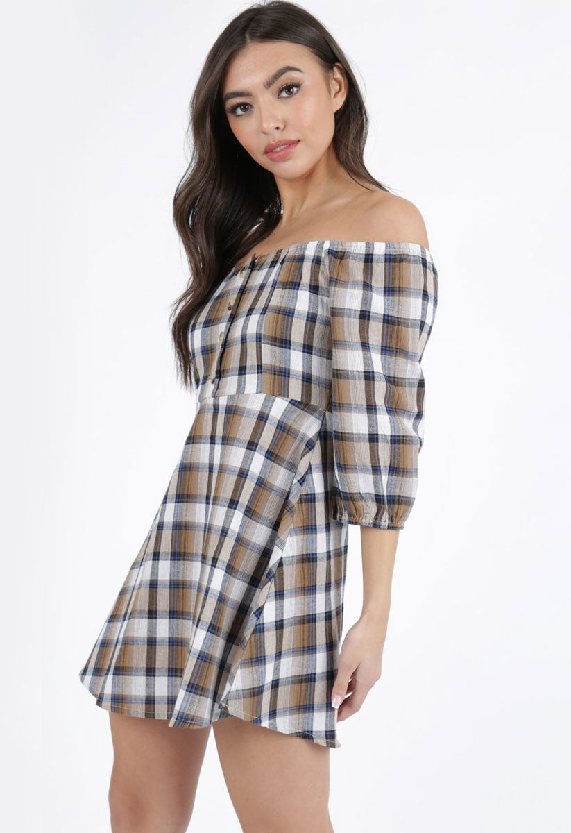 Brown Check Button Detail Bardot Mini Dress