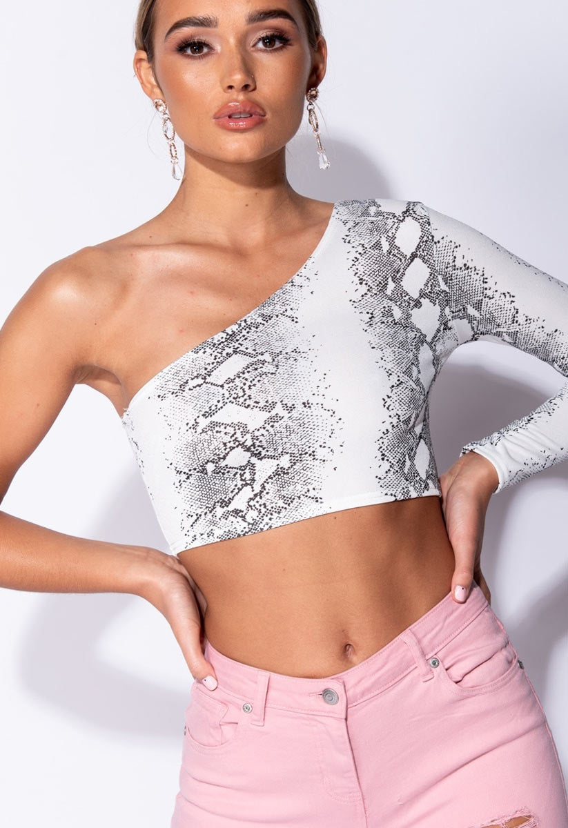 White Snake Print One Shoulder Crop Top