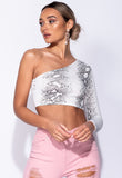 White Snake Print One Shoulder Crop Top