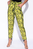 Neon Green Snake Print Paperbag Waist Belted Trousers