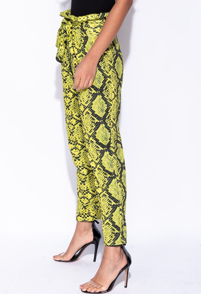 Neon Green Snake Print Paperbag Waist Belted Trousers