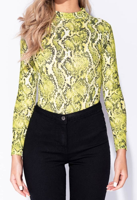 Neon Green Snake Print High Neck Bodysuit