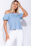 Powder Blue Frill Detail Bardot Top