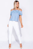 Powder Blue Frill Detail Bardot Top