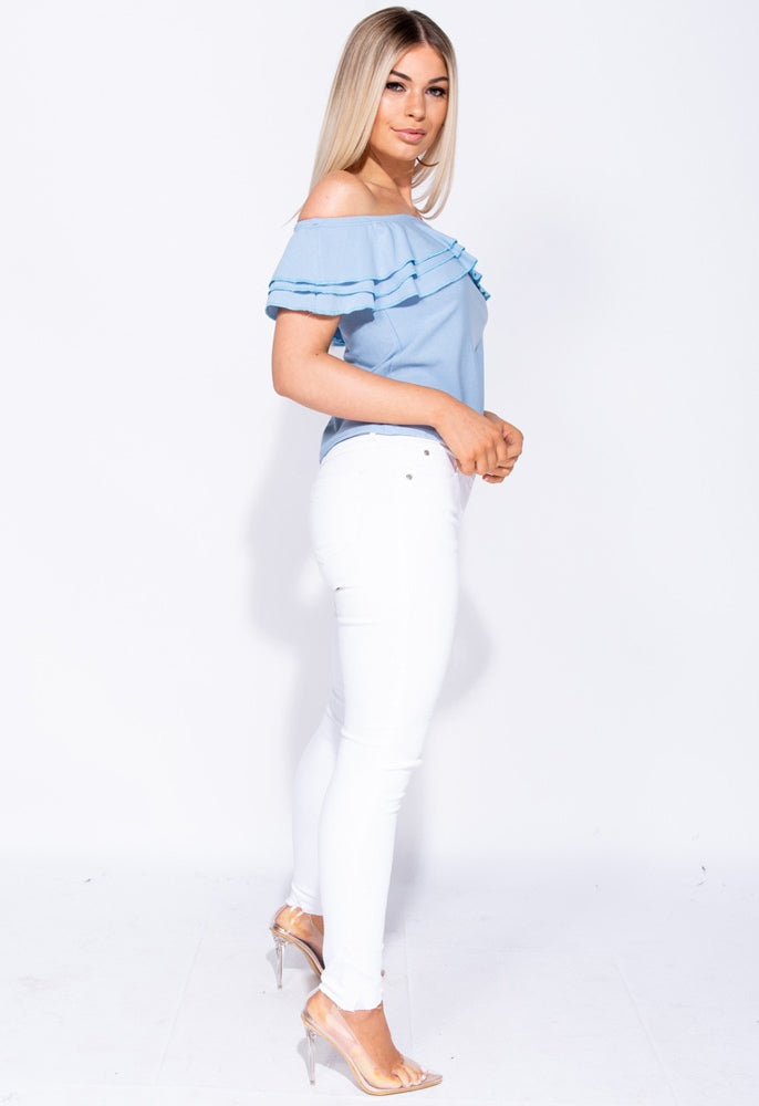 Powder Blue Frill Detail Bardot Top