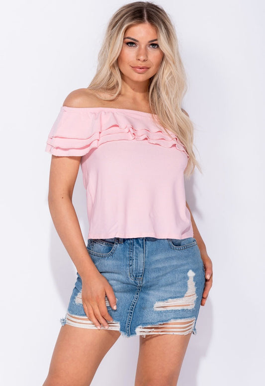 Pink Frill Detail Bardot Top