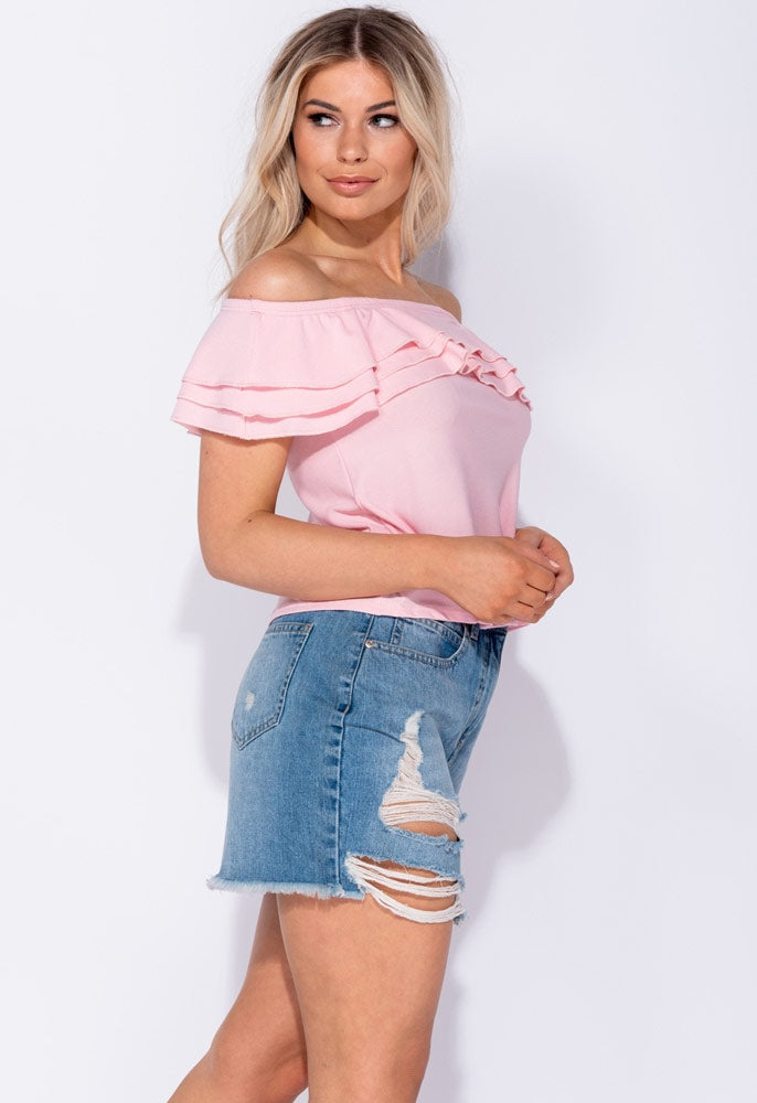 Pink Frill Detail Bardot Top