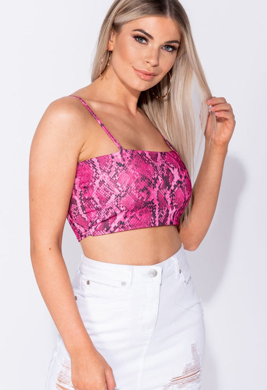 Pink Snake Print Strappy Crop Top