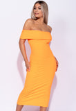 Neon Orange Bardot Bodycon Midi Dress