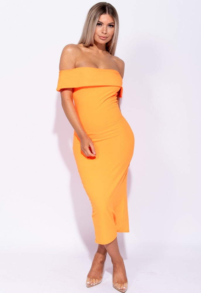 Neon Orange Bardot Bodycon Midi Dress