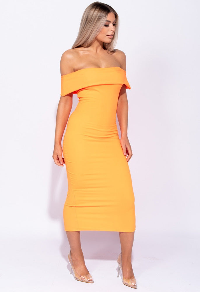 Neon Orange Bardot Bodycon Midi Dress