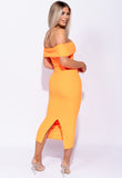 Neon Orange Bardot Bodycon Midi Dress