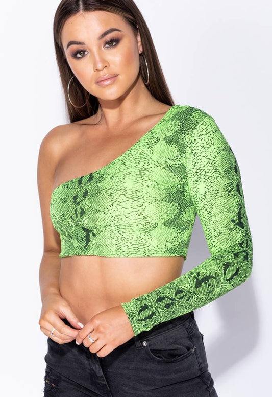 Neon Green Snake Print One Shoulder Crop Top