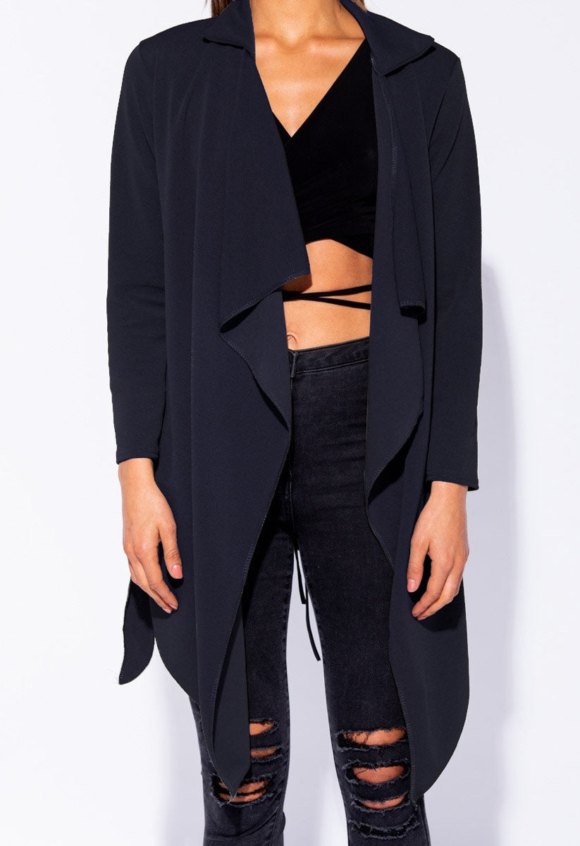 Navy Belted Waterfall Collar Coat