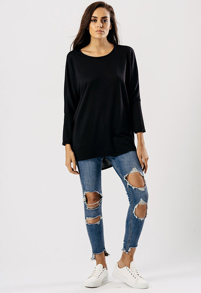 Black Jersey Long Sleeves Dip Hem Top