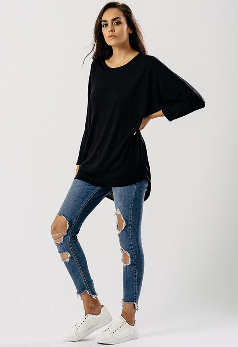 Black Jersey Long Sleeves Dip Hem Top