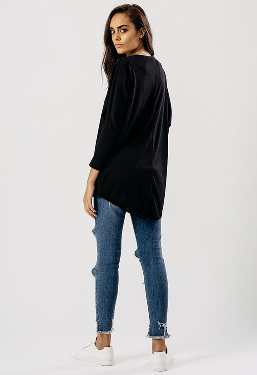 Black Jersey Long Sleeves Dip Hem Top