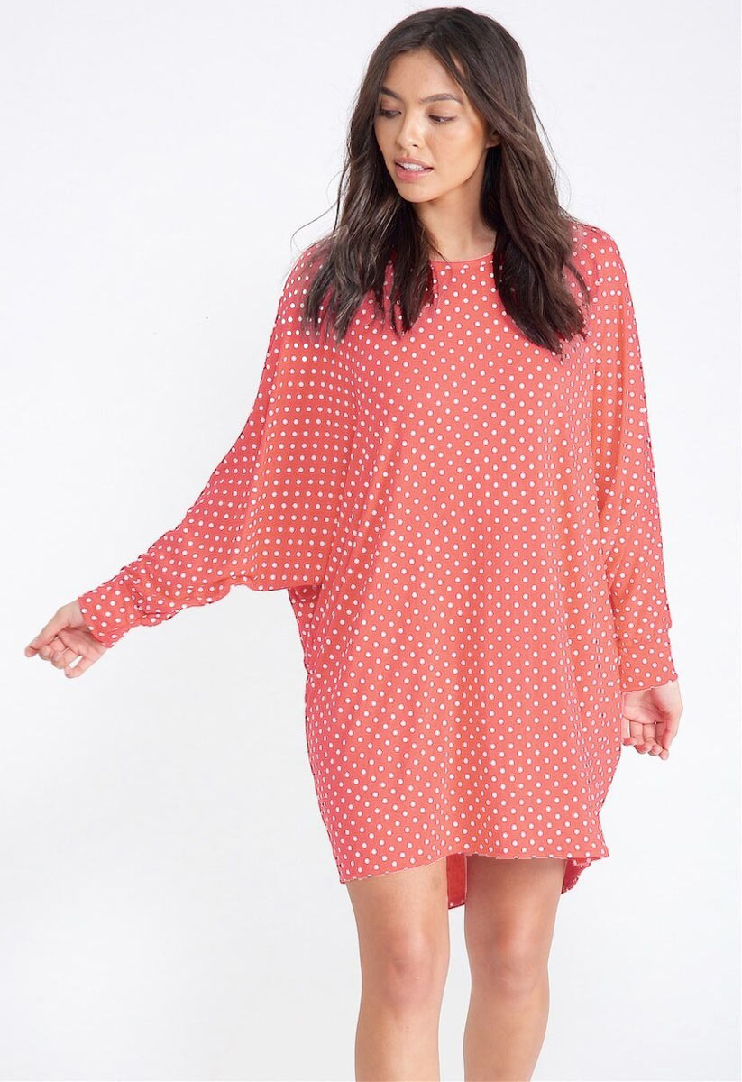 Pink Polka Dot Jersey Oversized Dip Hem Batwing Top