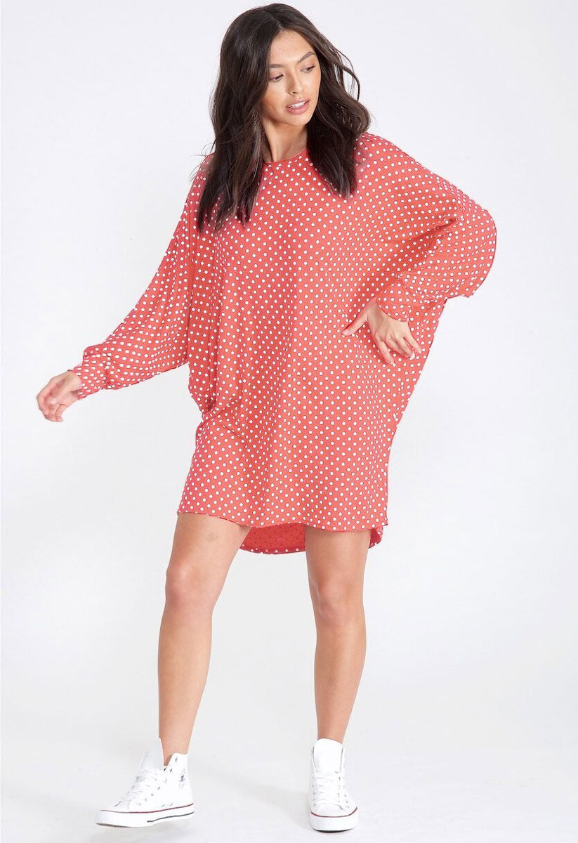 Pink Polka Dot Jersey Oversized Dip Hem Batwing Top