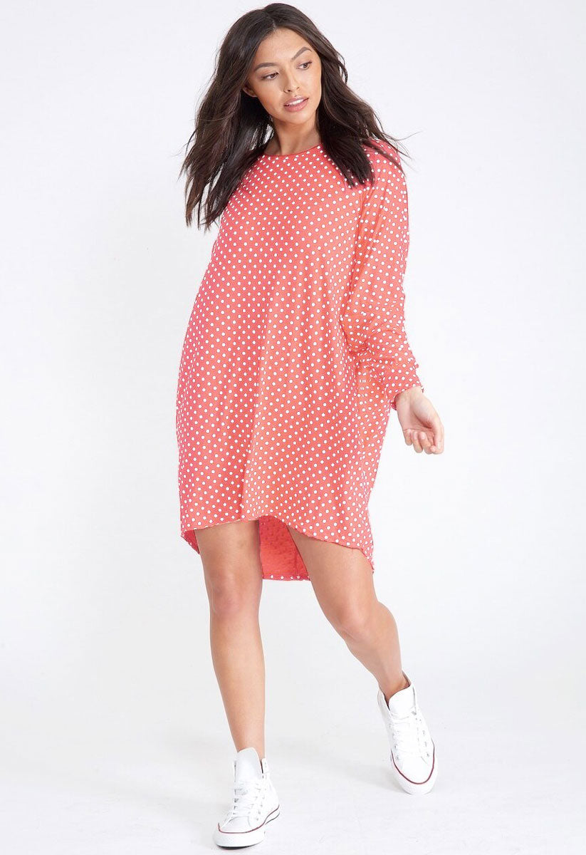 Pink Polka Dot Jersey Oversized Dip Hem Batwing Top