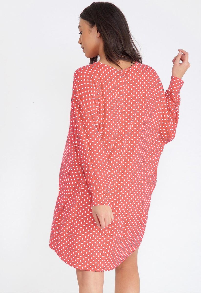 Pink Polka Dot Jersey Oversized Dip Hem Batwing Top