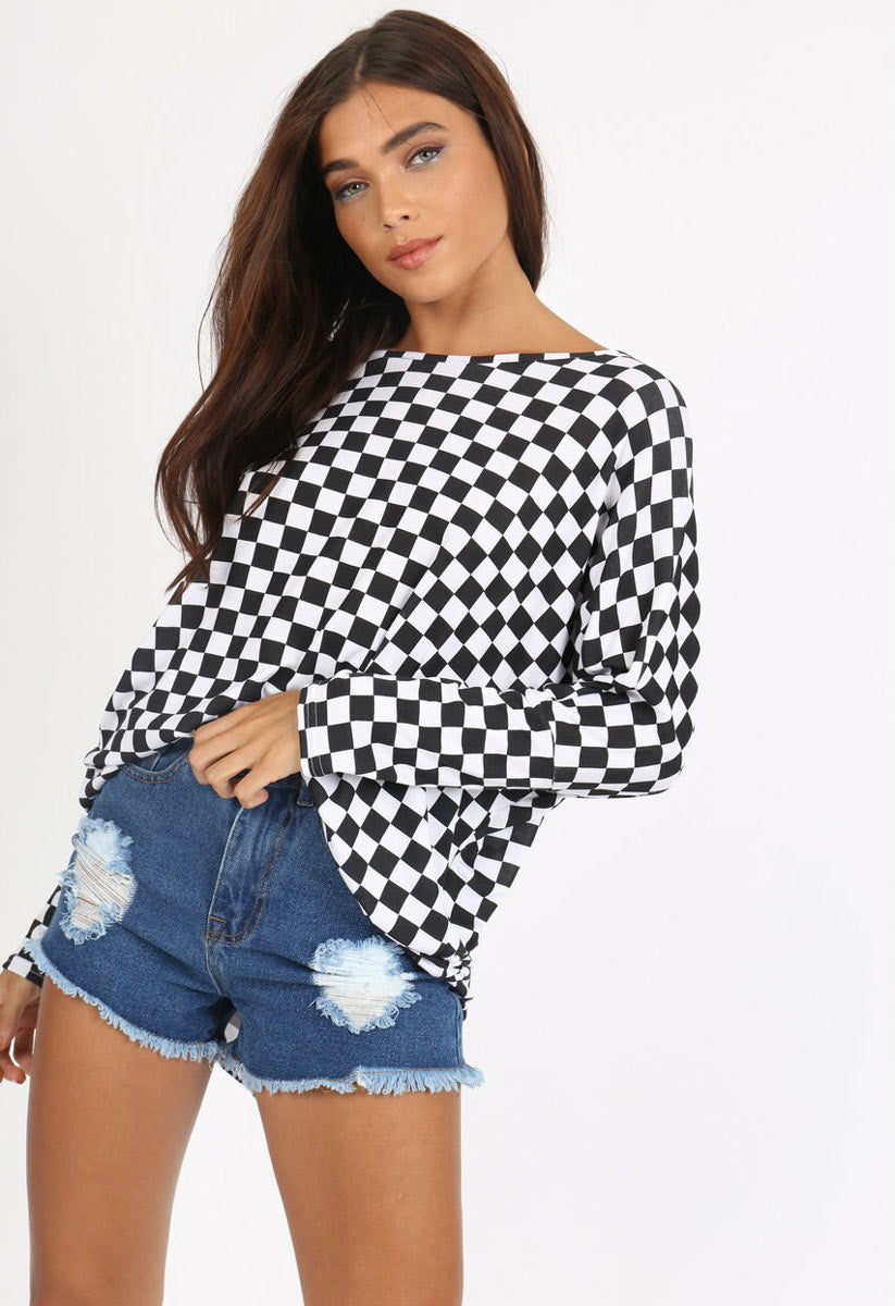 Black White Check Jersey Oversized Long Sleeve Dip Hem Batwing Top