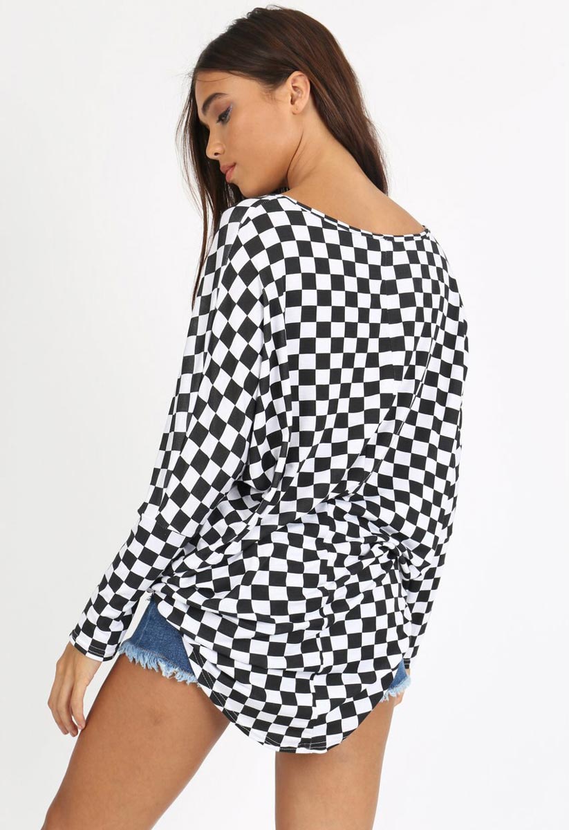 Black White Check Jersey Oversized Long Sleeve Dip Hem Batwing Top