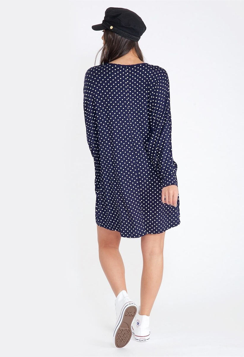 Navy Polka Jersey Oversized Long Sleeve Dip Hem Batwing Top