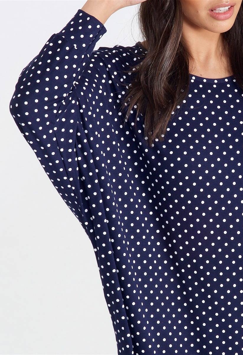 Navy Polka Jersey Oversized Long Sleeve Dip Hem Batwing Top