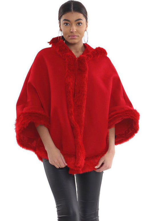 Red Faux Fur Trim Hooded Cape