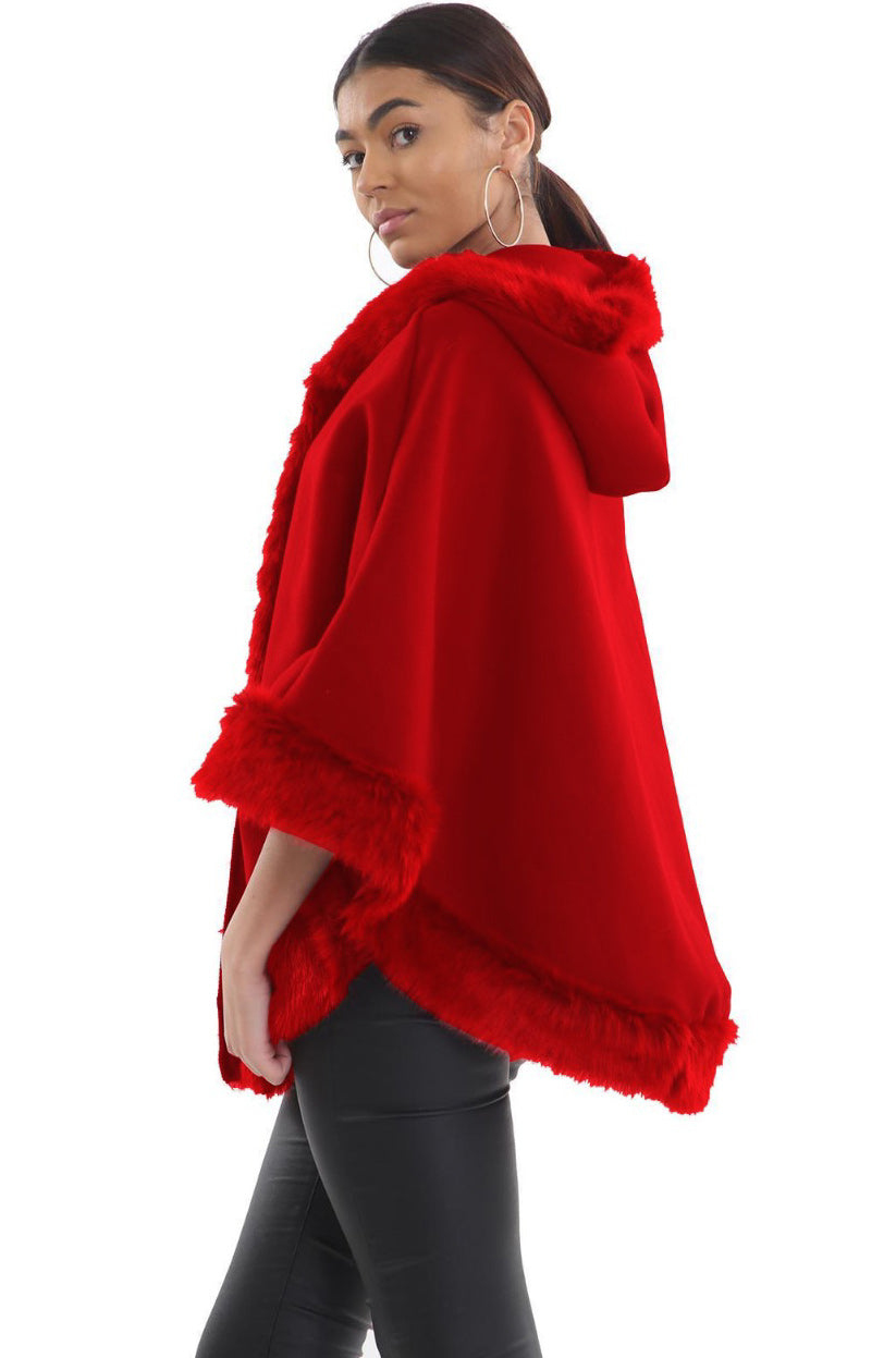 Red Faux Fur Trim Hooded Cape