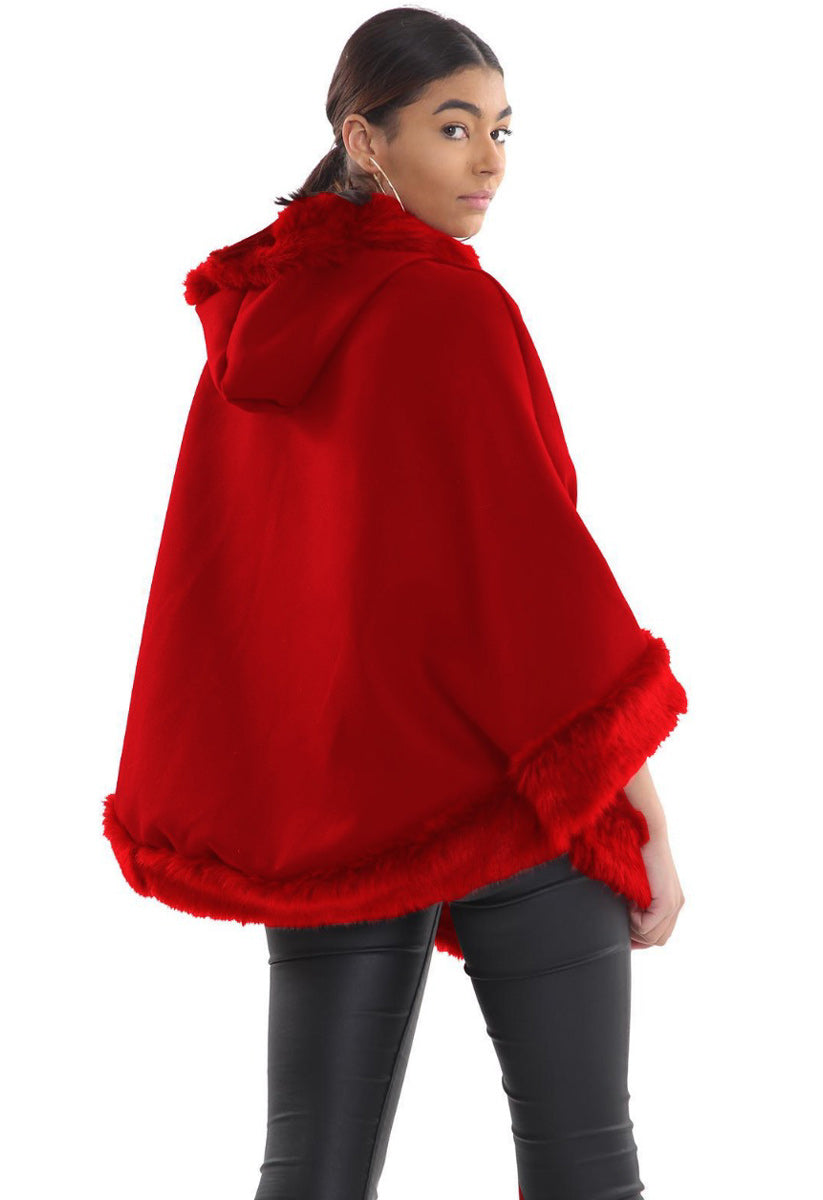 Red Faux Fur Trim Hooded Cape