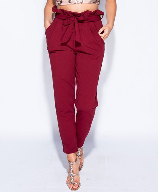 Wine Pleated Cigarette Paperbag Trousers