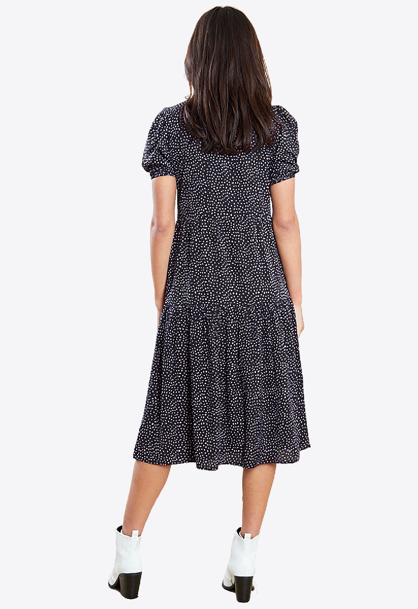 Black Lilac Spot Short Sleeve Midi Dress