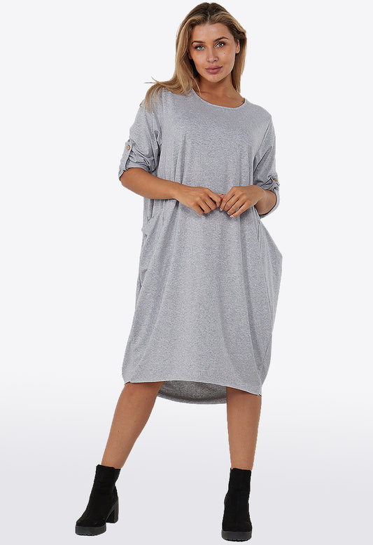 Grey Italian Lagenlook Pocket Baggy Midi Dress