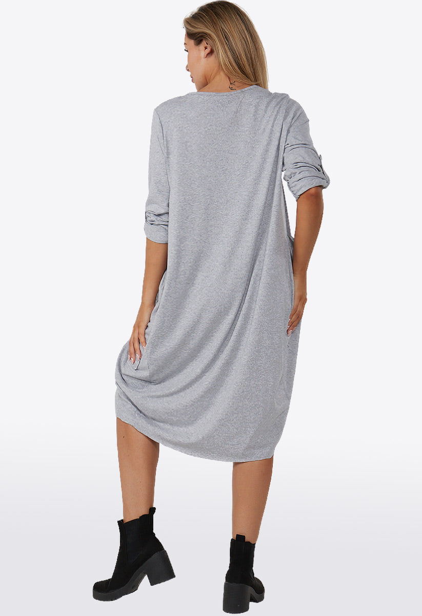 Grey Italian Lagenlook Pocket Baggy Midi Dress