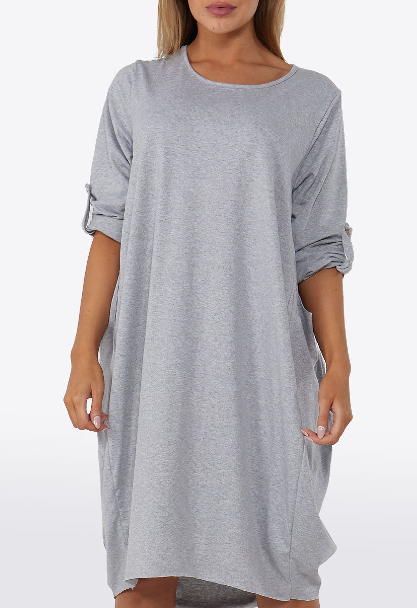 Grey Italian Lagenlook Pocket Baggy Midi Dress