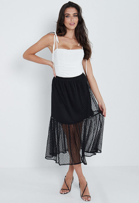 Black Spot Mesh Layered Midaxi Skirt