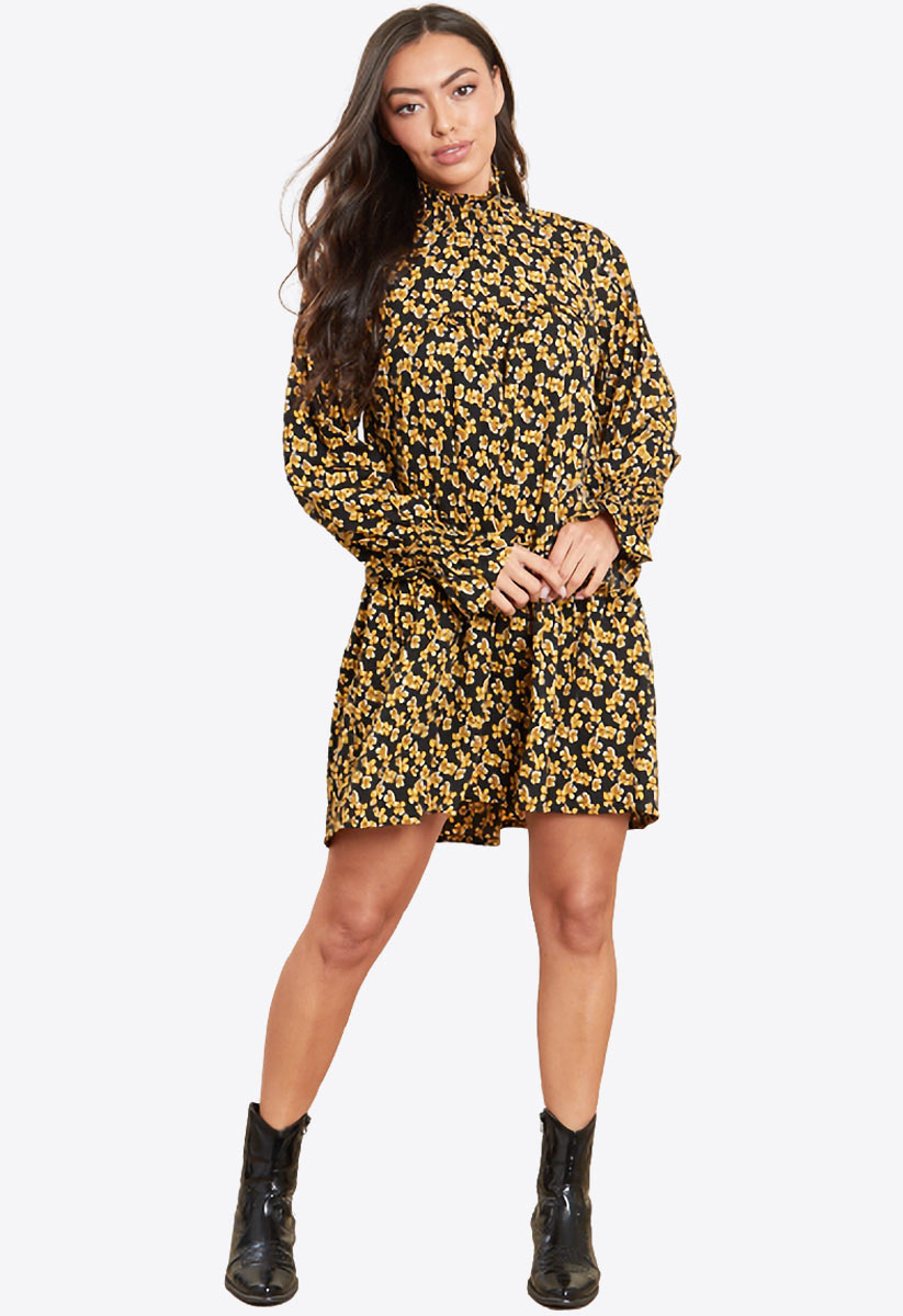 Yellow Floral High Neck Smock Mini Dress