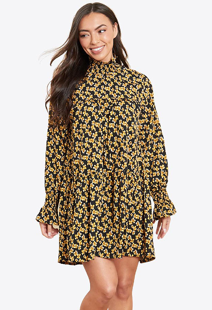 Yellow Floral High Neck Smock Mini Dress