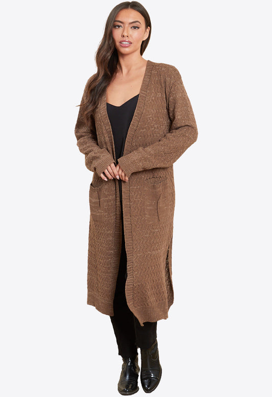 Mocha Midi Split Hem 2 Pocket Knitted Cardigan