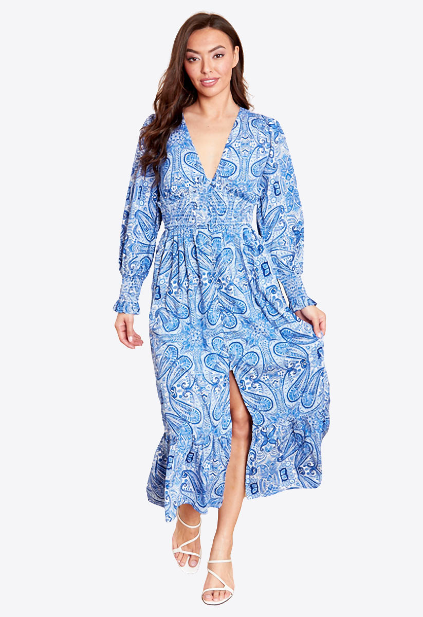 Blue Shirred Waist Frill Midaxi Dress In Paisley Print