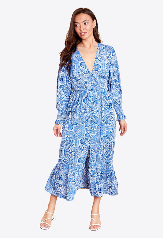 Blue Shirred Waist Frill Midaxi Dress In Paisley Print