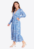 Blue Shirred Waist Frill Midaxi Dress In Paisley Print