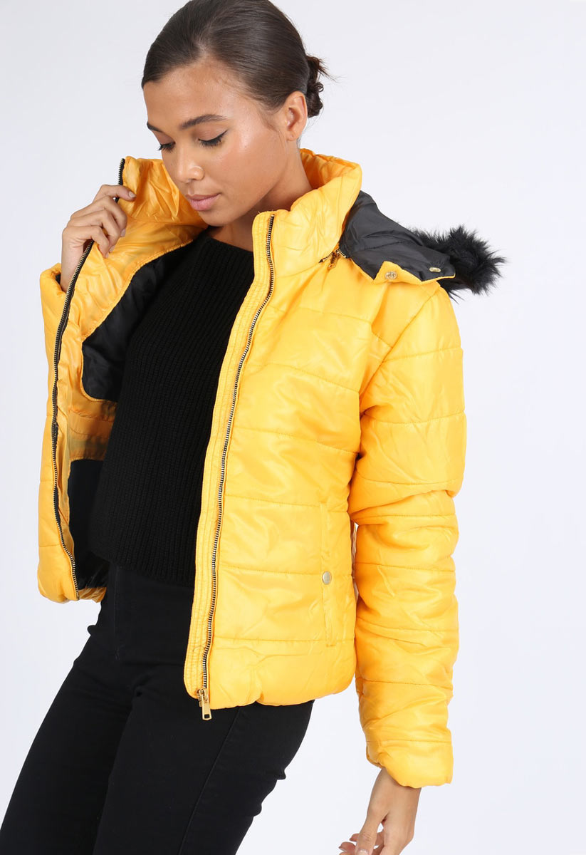 mustard hooded puffer jacket