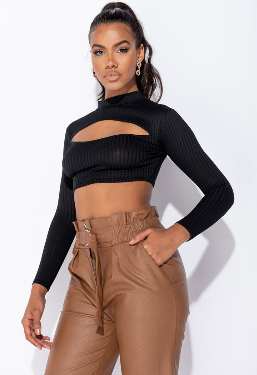 Black Long Sleeves Crop Top with Cut Out